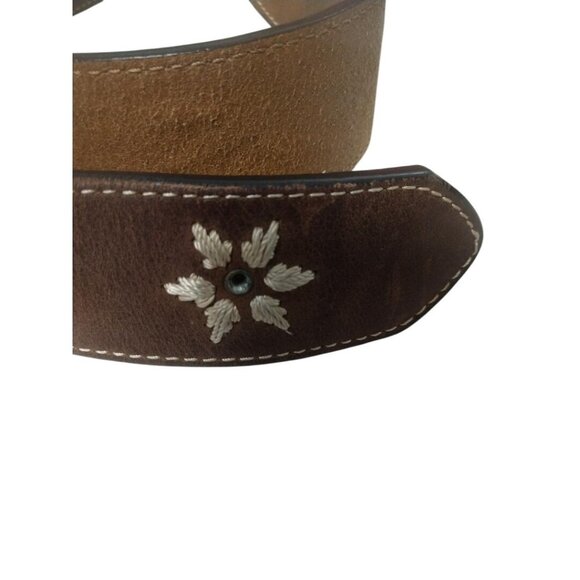 Nocona Western Embroidered Brown Leather Belt With Ornate Silver Buckle & Rhines - Picture 4 of 10